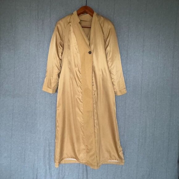 90s Vintage Jones New York Tan Rayon Lined Belted Maxi Trench Coat Size Large - Picture 9 of 17